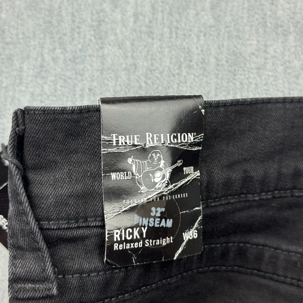 True Religion Jeans Mens 36 Black Denim Ricky Flap Relaxed‎ Straight Pants NWT